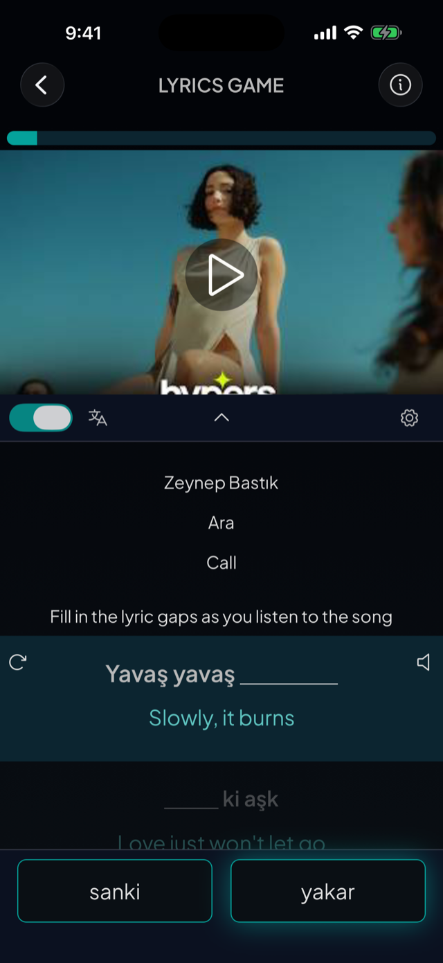 lyricfluent learn Turkish with music lyrics-game screenshot