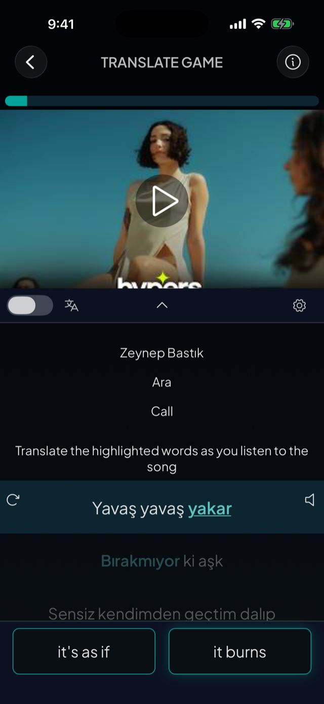 lyricfluent learn Turkish with music translate-game screenshot