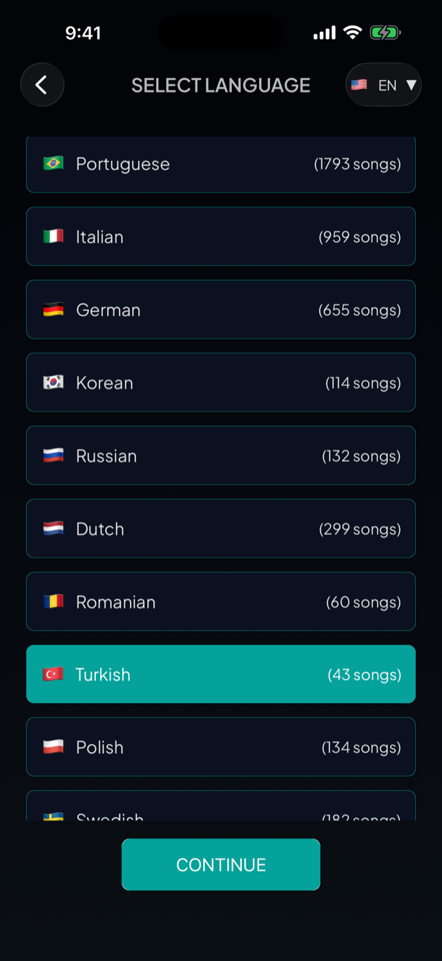 lyricfluent learn Turkish with music select-language screenshot
