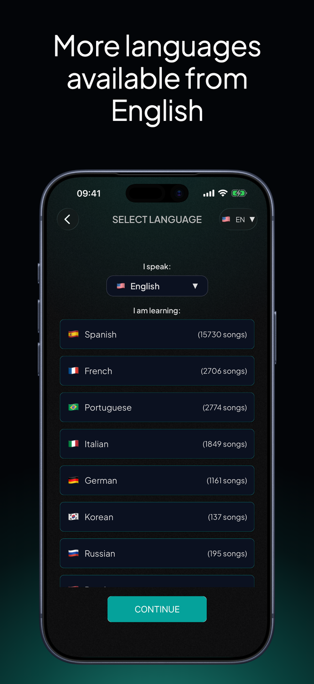 lyricfluent learn Ukrainian with music select-language screenshot